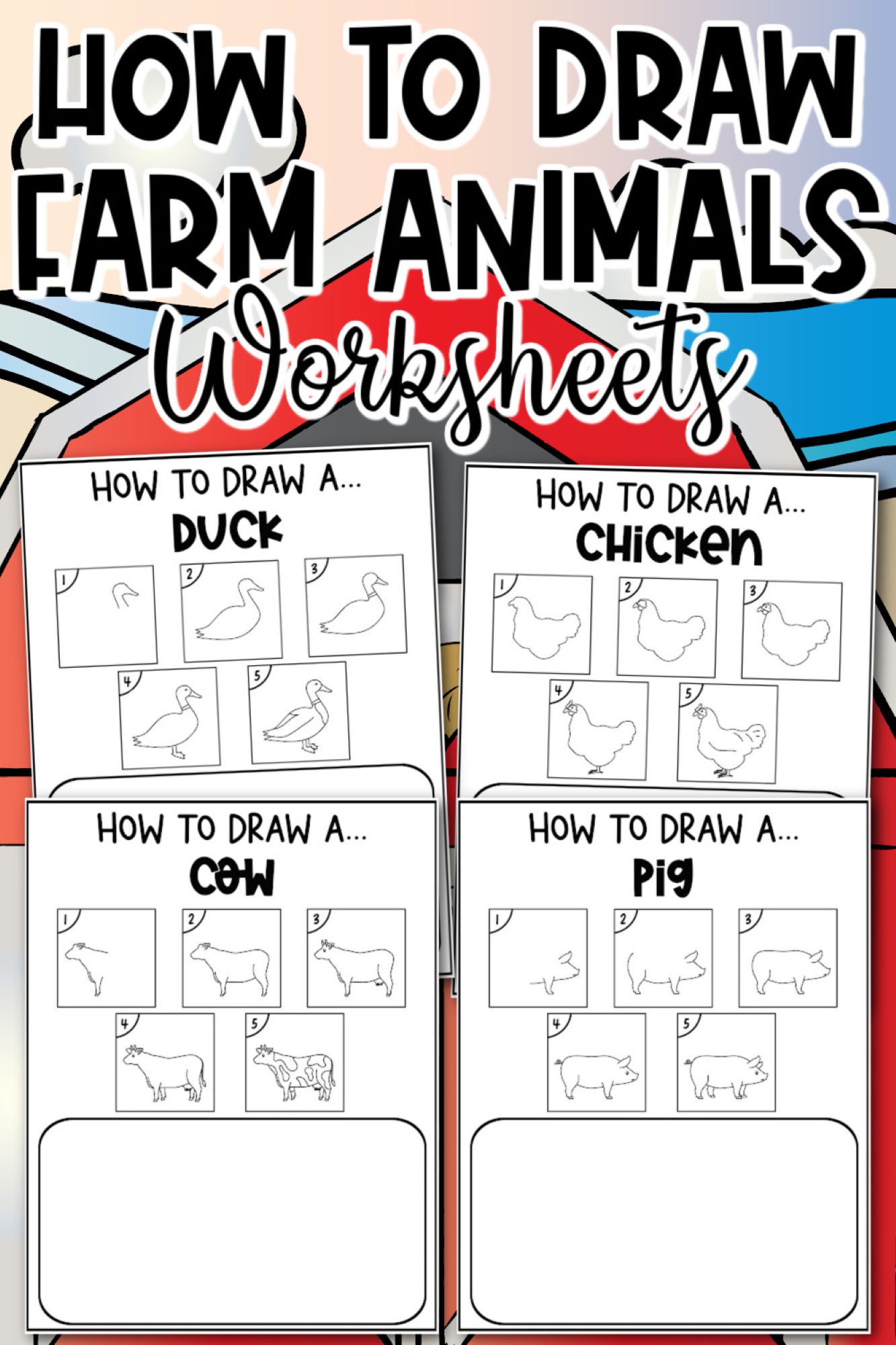 Step by Step Directions on how to draw your favorite farm animals! Free printable showing steps to draw a chicken, cow, pig, duck, sheep, rooster, horse and turkey!