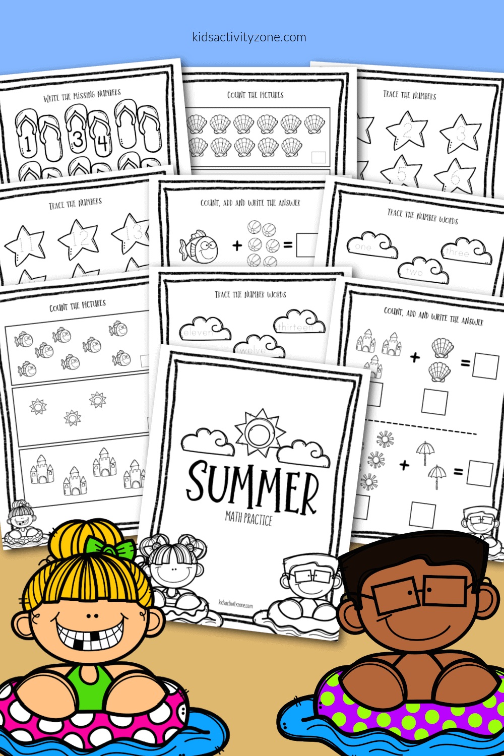This free printable Summer Math Practice is perfect for Preschool and Kindergarteners to keep their math skills fresh until next year. They can trace, write numbers, add and more. Grab this printable math activities for preschoolers.