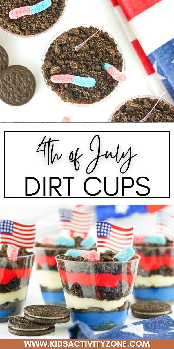 These 4th of July Dirt Cups are so easy to make and delicious! The kids love the Red, White and Blue theme and it's no-bake and ready in a few minutes which we love. Layers of crushed Oreos, pudding and gummy worms on top.