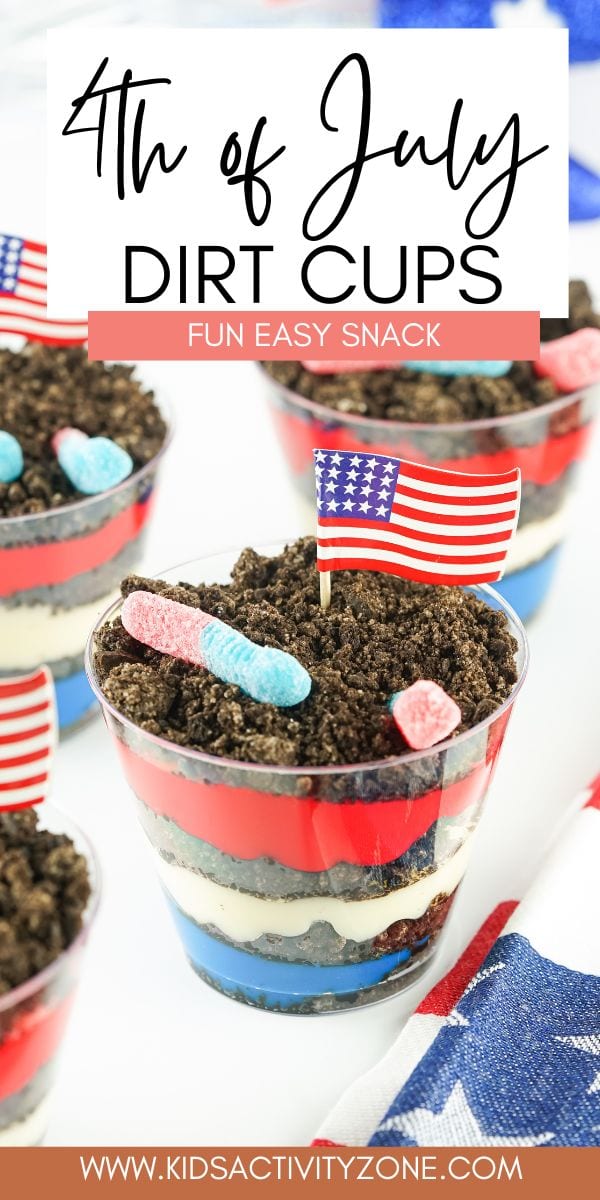Dirt cups are a classic snack that kids love! Turn it into the perfect 4th of July dessert when you make Red, White and Blue Dirt Cups. Layers of cheesecake pudding, crushed Oreos topped with gummy worms. An easy no-bake dessert for summer.