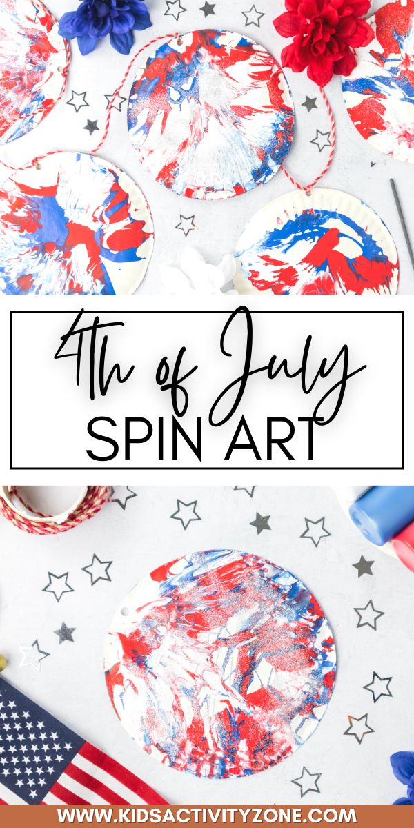 A patriotic craft that's easy for kids! This 4th of July Spin Art uses a salad spinner to paint a red, white and blue painting on a paper plate. Kids will have so much fun doing this 4th of July craft for kids.