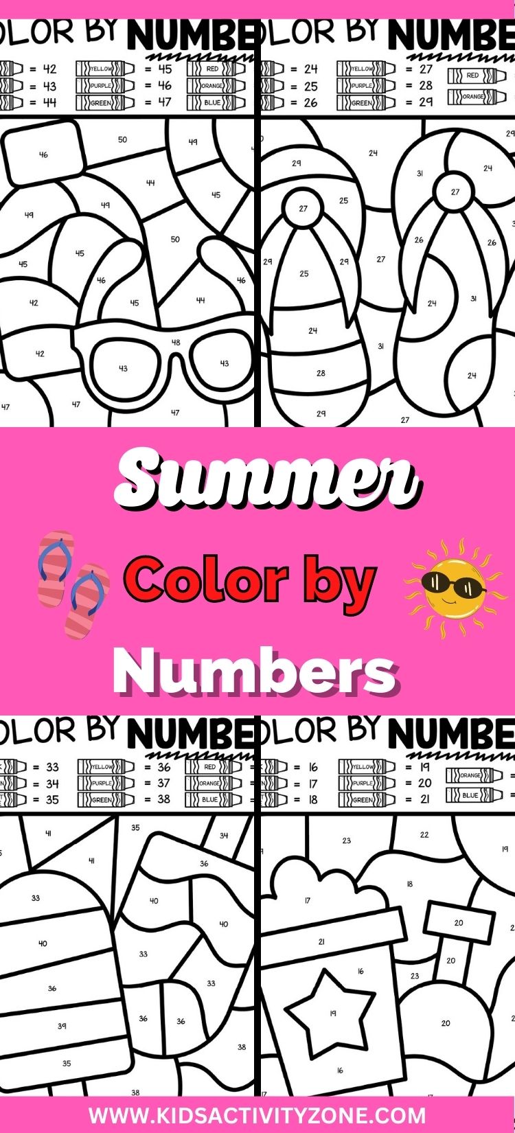 Summer Color by Numbers free printable is fun for kids to do in the summer when the weather is not nice out! Grab the crayons and do this free printable coloring page. There are 8 different pages included.