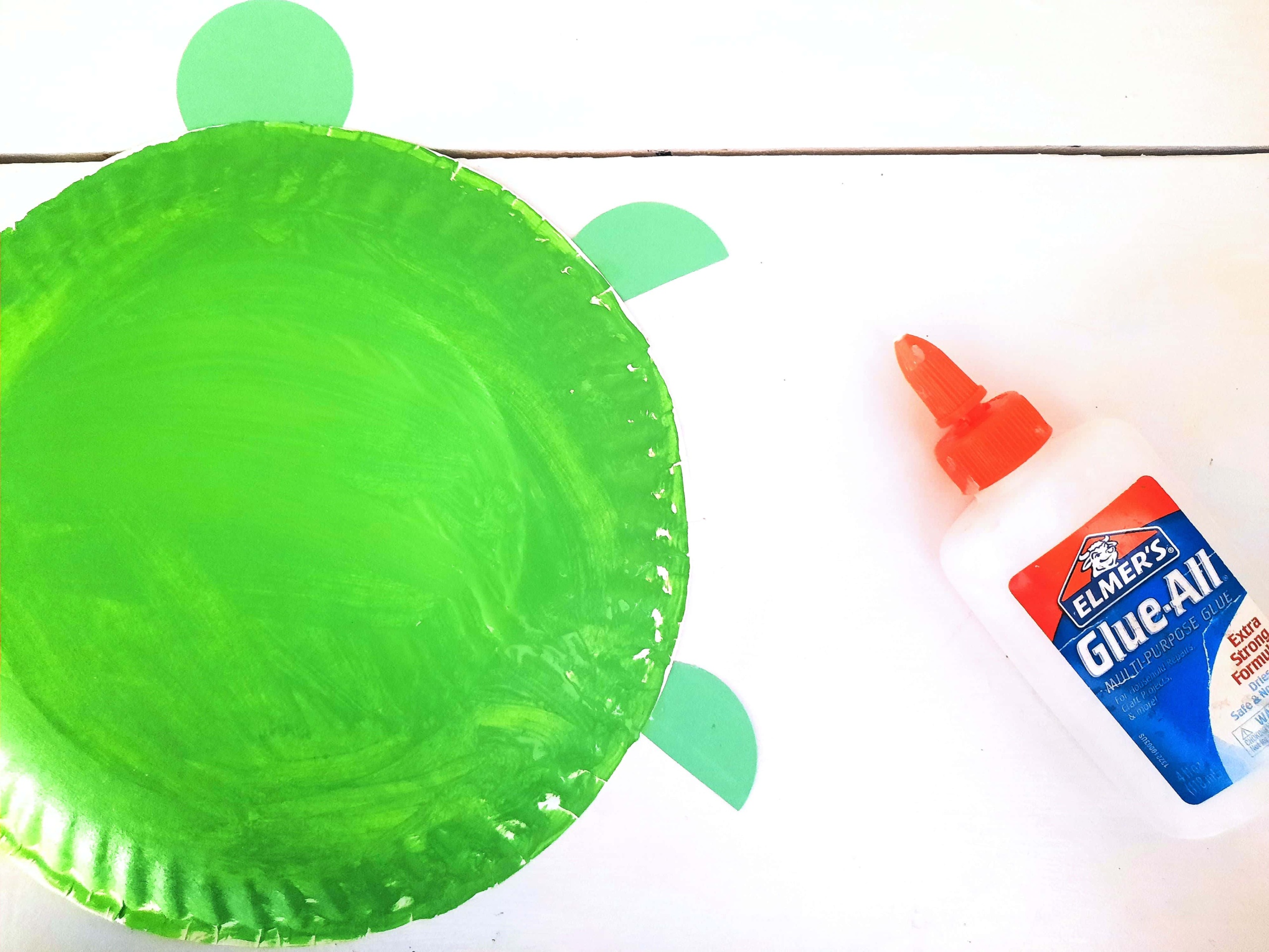 Grab 3 Green Circles, one for the Head and cut the other two in half for the feet, glue them to the paper plate