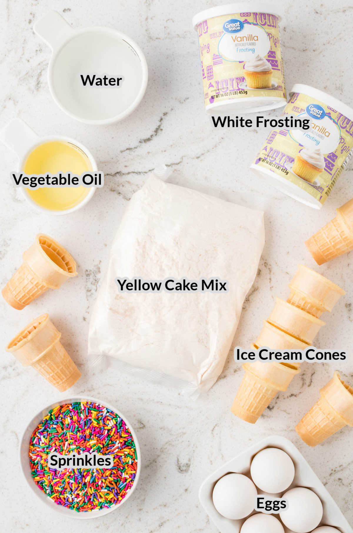 Overhead Image of the Ice Cream Cone Cupcakes Ingredients