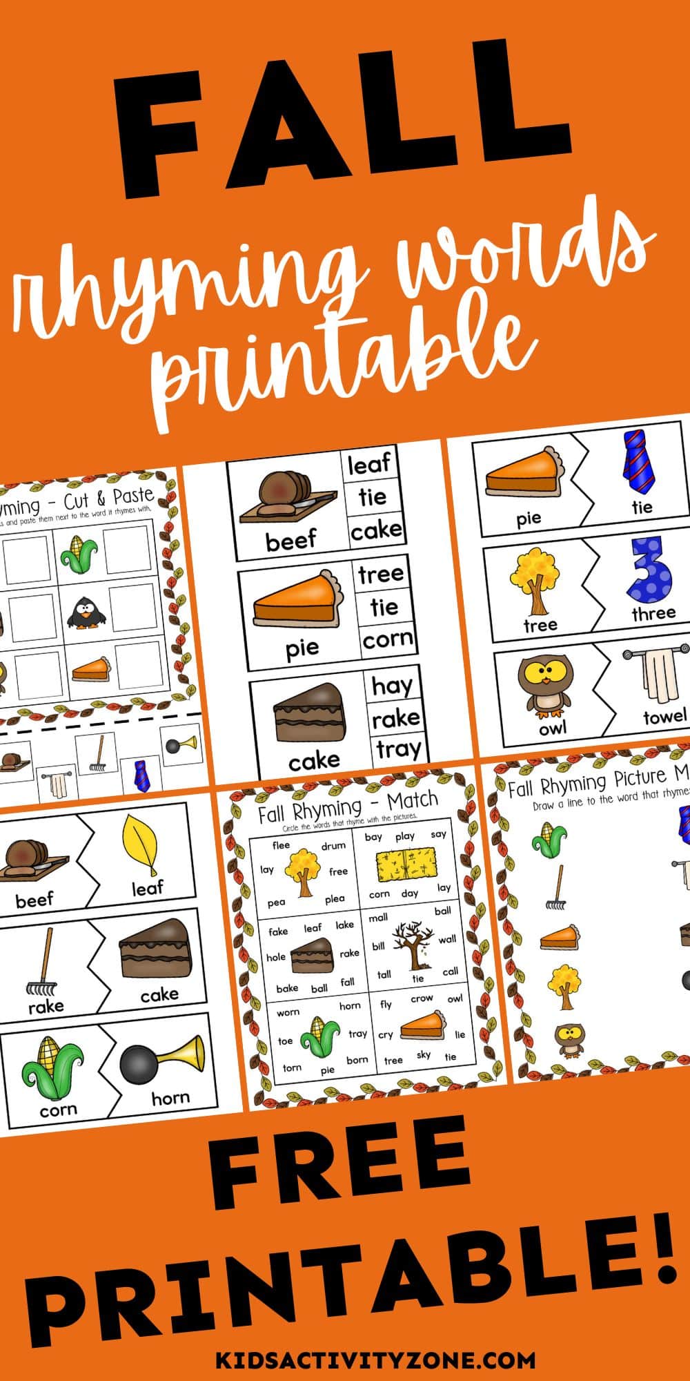 Grab this FREE Fall Rhyming Words Printable for your preschool and kindergartners. It's the perfect fun, engaging activities that kids will love to practicing learning rhyming words. Activities included matching pictures that rhyme, filling in letters, cutting and pasting and more!