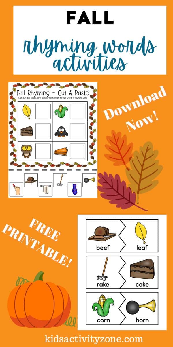 Grab this FREE Fall Rhyming Words Printable for your preschool and kindergartners. It's the perfect fun, engaging activities that kids will love to practicing learning rhyming words. Activities included matching pictures that rhyme, filling in letters, cutting and pasting and more!