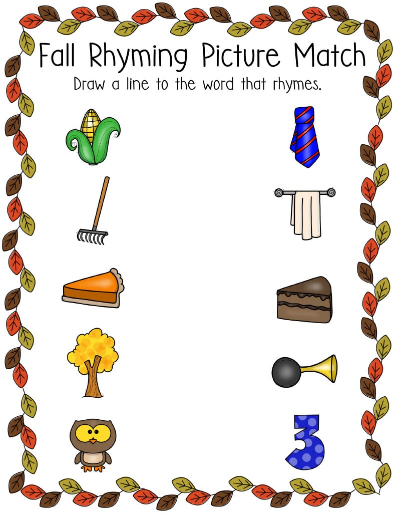 Fall Rhyming Picture Match Printable Sheet