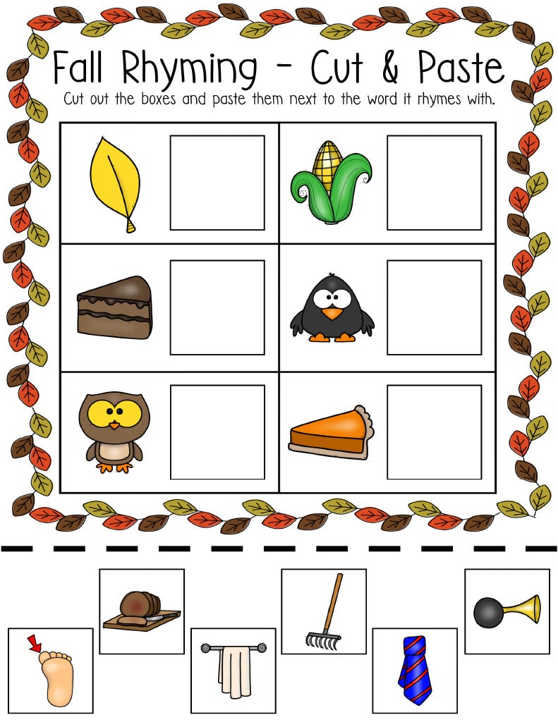 rhyming words cut and paste worksheets