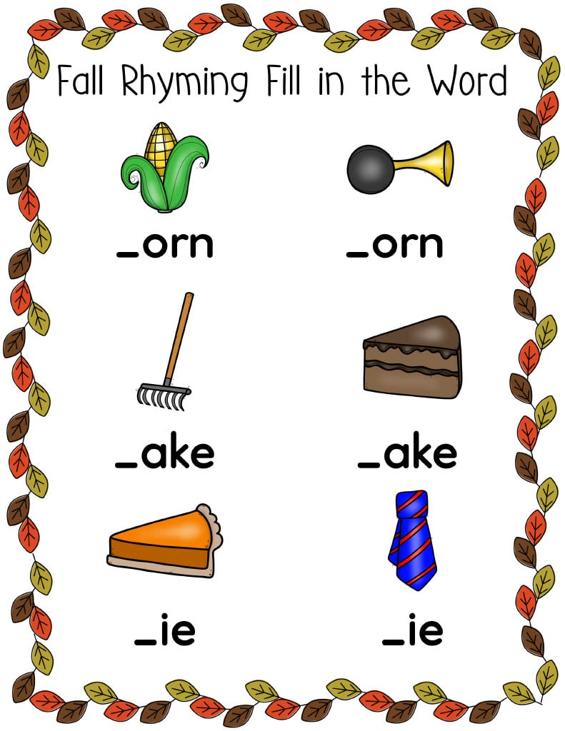 Fall Rhyming Picture Match Printable Sheet