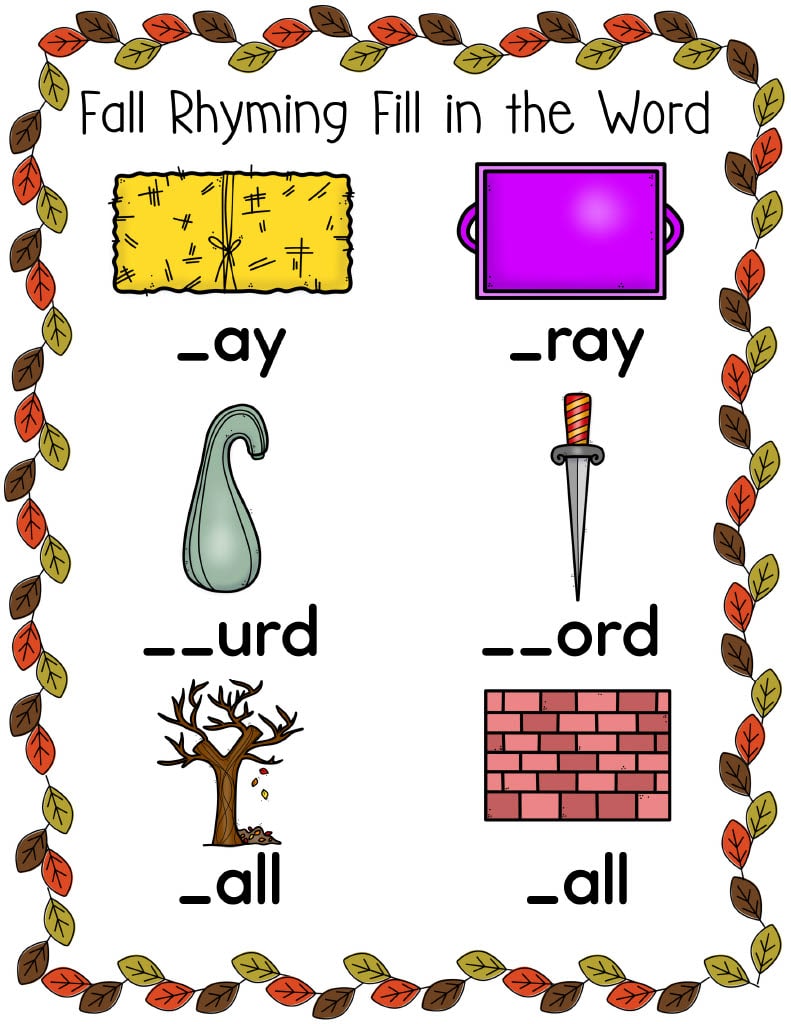 Fall Rhyming Picture Match Printable Sheet