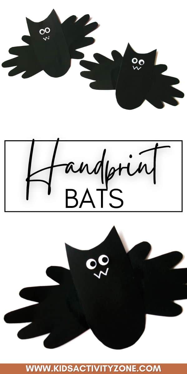 Make a fun Handprint Bat using a simple bat body template, black cardstock, and your child's own handprints. Add personality with a white paint pen, small googly eyes, scissors, and a glue stick. A quick and easy Halloween craft for young kids especially preschoolers and younger elementary.