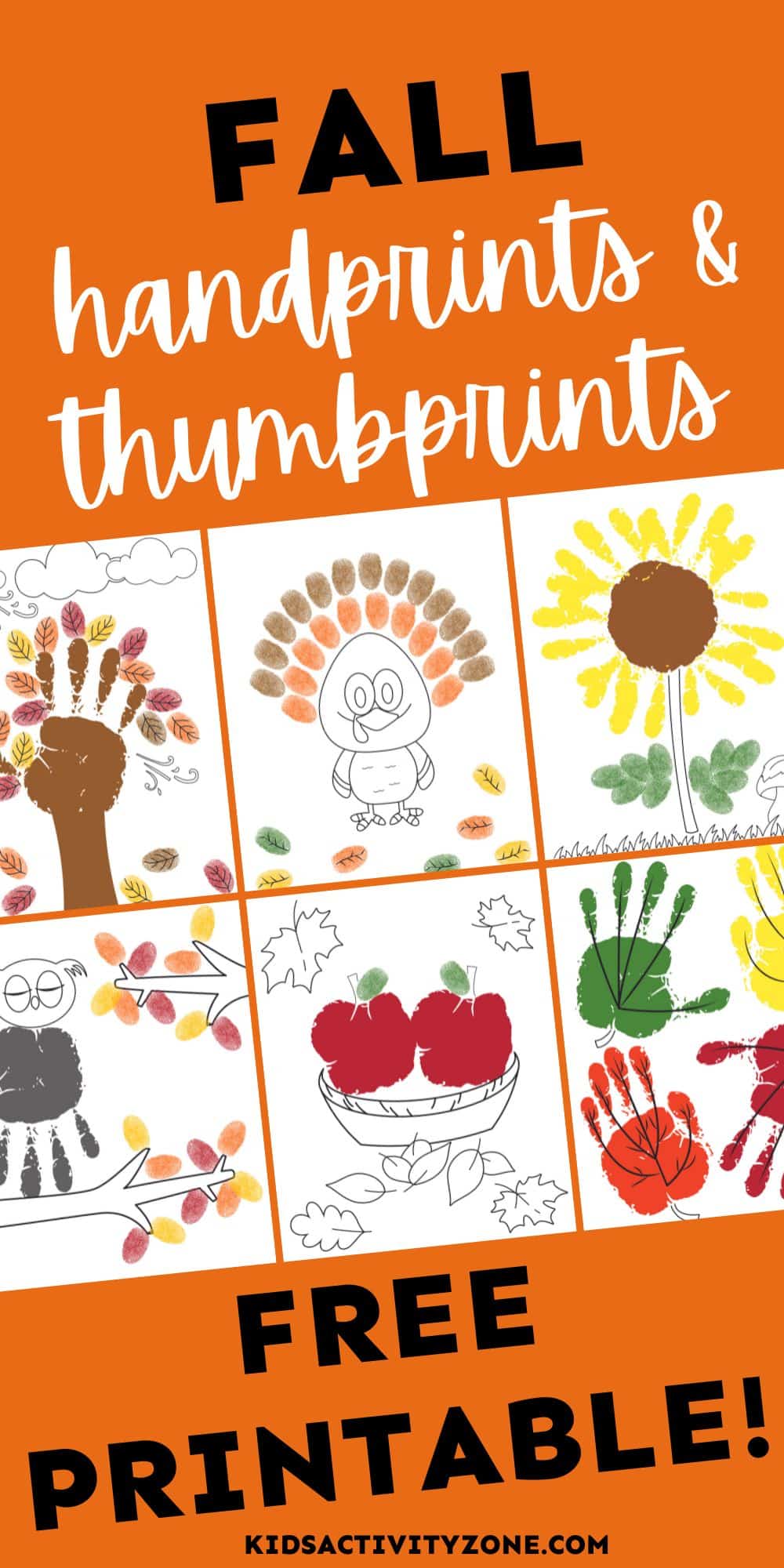 Easy fall fun with the kids! This free set of printable Fall Handprints and Thumbprints activities includes 12 different fall scenes to decorate. Such an easy and fun fall activity with little prep.