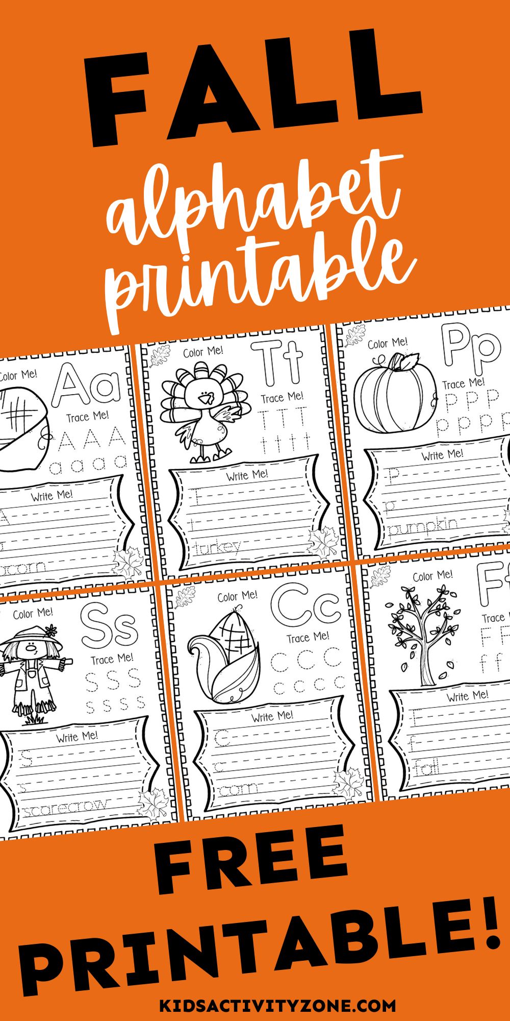 Fun and free Fall Alphabet Activity printable for kindergarteners or preschoolers. This free printable includes sheets for each letter of the alphabet. Each sheet focuses on the lower and uppercase tracing of the letter plus a fall themed word to trace and practice!