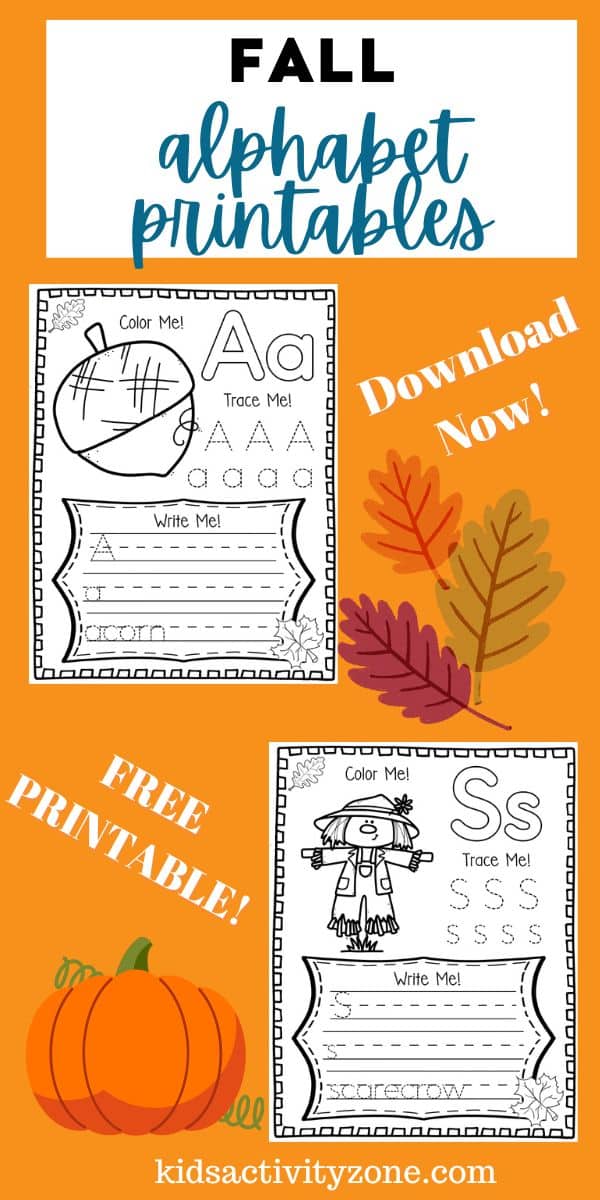 Fun and free Fall Alphabet Activity printable for kindergarteners or preschoolers. This free printable includes sheets for each letter of the alphabet. Each sheet focuses on the lower and uppercase tracing of the letter plus a fall themed word to trace and practice!