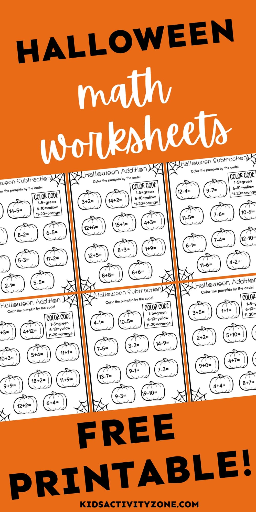 Free Printable Halloween Math Worksheets that are perfect for kindergarteners and preschoolers. Plus, there are keys included for them! For even more fun color your pumpkins with the color code. Grab these fun free Halloween worksheets to practice math with your children or in the classroom.