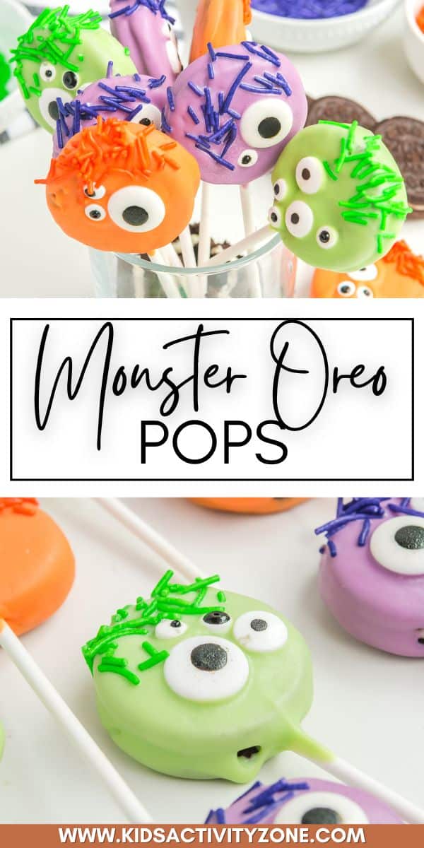 Need an easy no-bake Halloween Treat? Make these delicious Monster Oreo Pops. Start by dipping Oreo cookies into melted chocolate, then decorate with sprinkles and candy eyes. These Oreo Pops make great party favors, gifts or after school snacks for the kids. Plus, it’s a great Halloween activity!