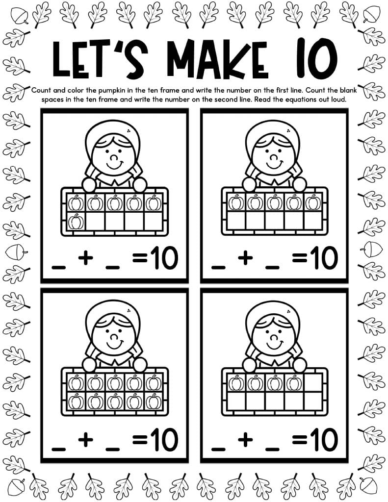 Thanksgiving Ten Frames Free Printable Worksheets