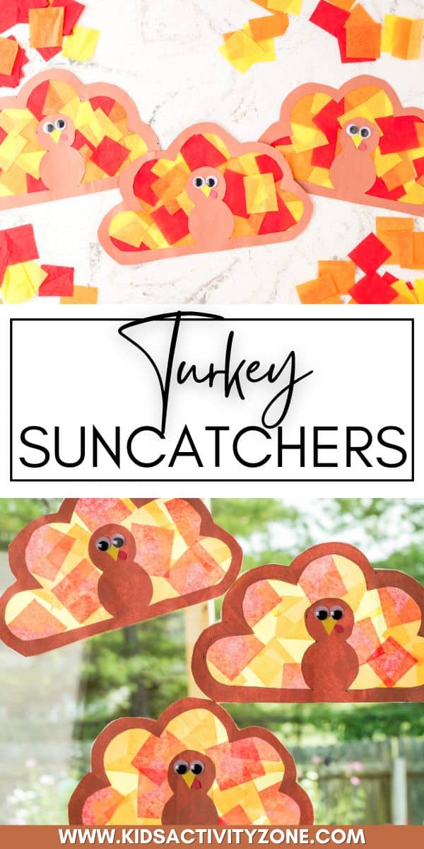 Need a quick and easy fall craft to keep the kids busy? This Turkey Suncatcher Craft is such an easy craft. Print off the turkey template provided, add tissue paper to contact paper and top with the turkey. These Thanksgiving suncatchers look so pretty hanging up in your windows!