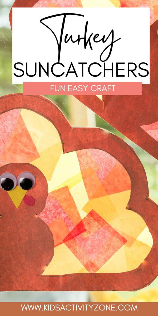 Looking for an easy fall activity to entertain the kids? This Turkey Suncatcher Craft is incredibly easy to create. Just print out the provided turkey template, attach tissue paper to the contact paper, and finish with the turkey cutout. These Thanksgiving suncatchers will look stunning displayed in your windows!