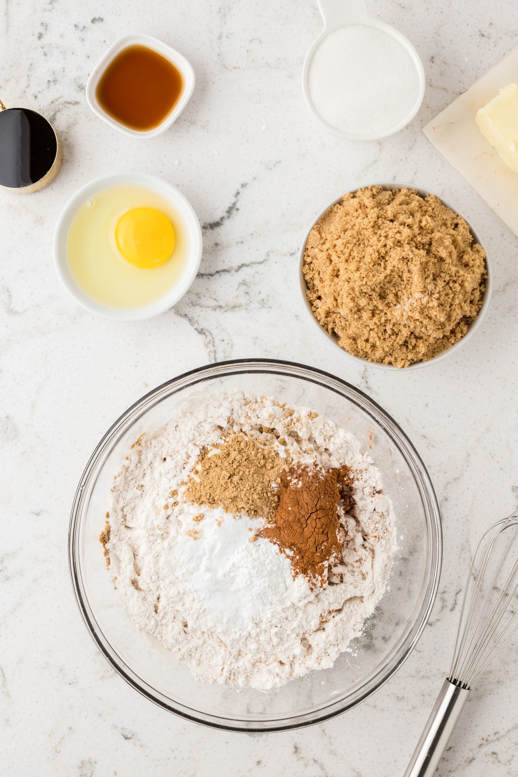 In a Medium mixing bowl add Flour, Ground Ginger, Ground Cinnamon, Baking Soda, Baking Powder and Kosher Salt. Whisk to combine and set aside.