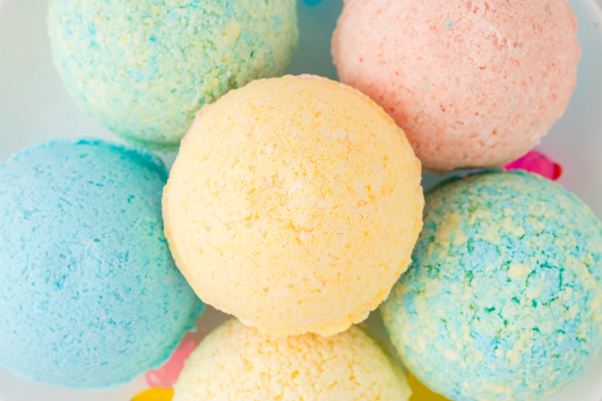 Close up photo of completed bath bombs.