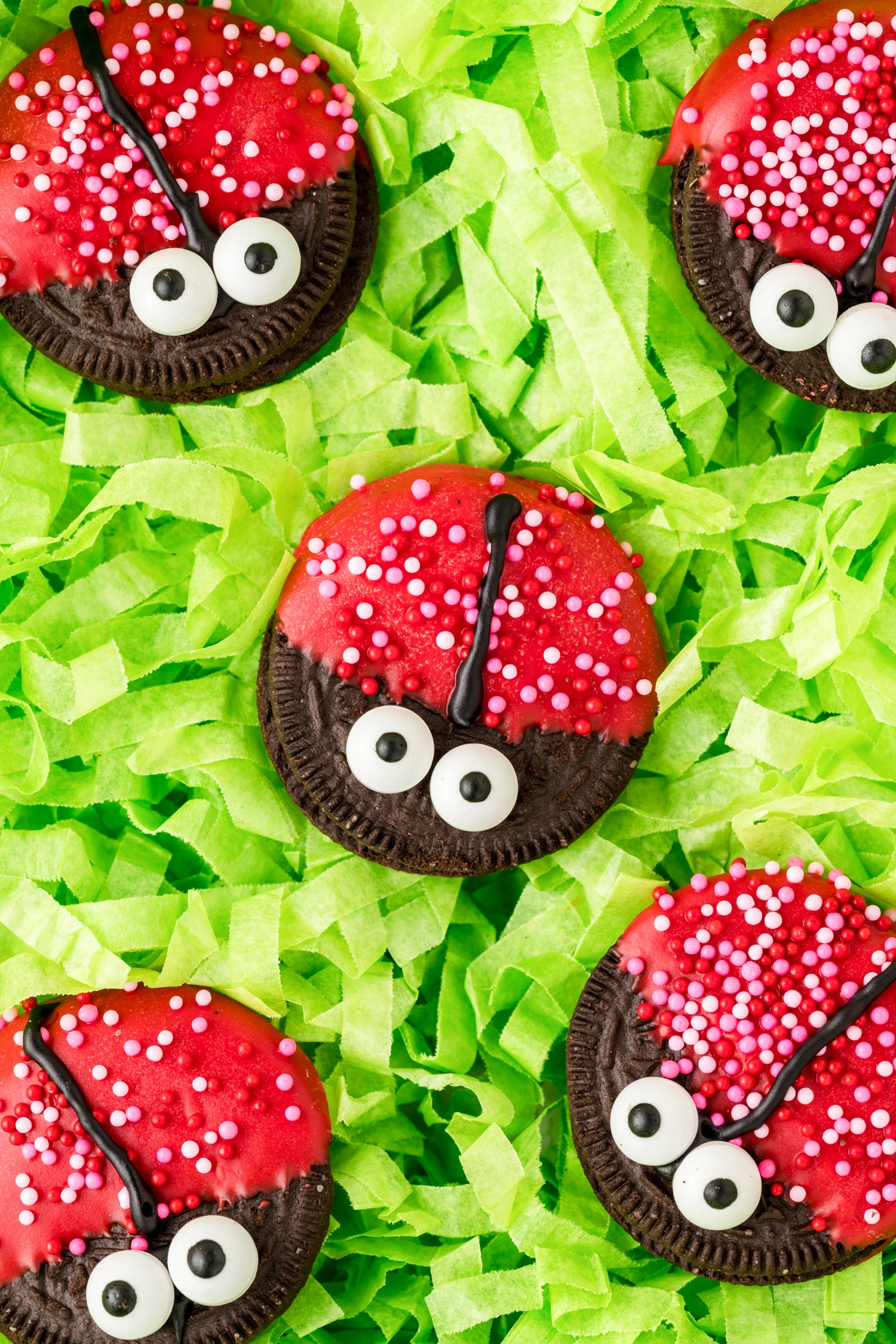 Lady Bug Oreos arranged on green crinkle paper