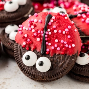 Lady Bug Oreos stacked on serving plate make the perfect Valentine's Day treat