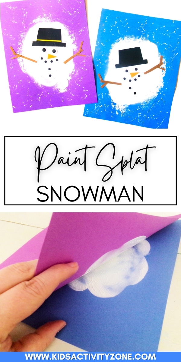 This quick and easy Paint Splat Snowman craft is perfect for little hands and young kids. With minimal prep and supplies it's so easy to make on a cold winter day when you are stuck inside. Pour paint on a piece of cardstock, press and let dry then decorate your snowman!