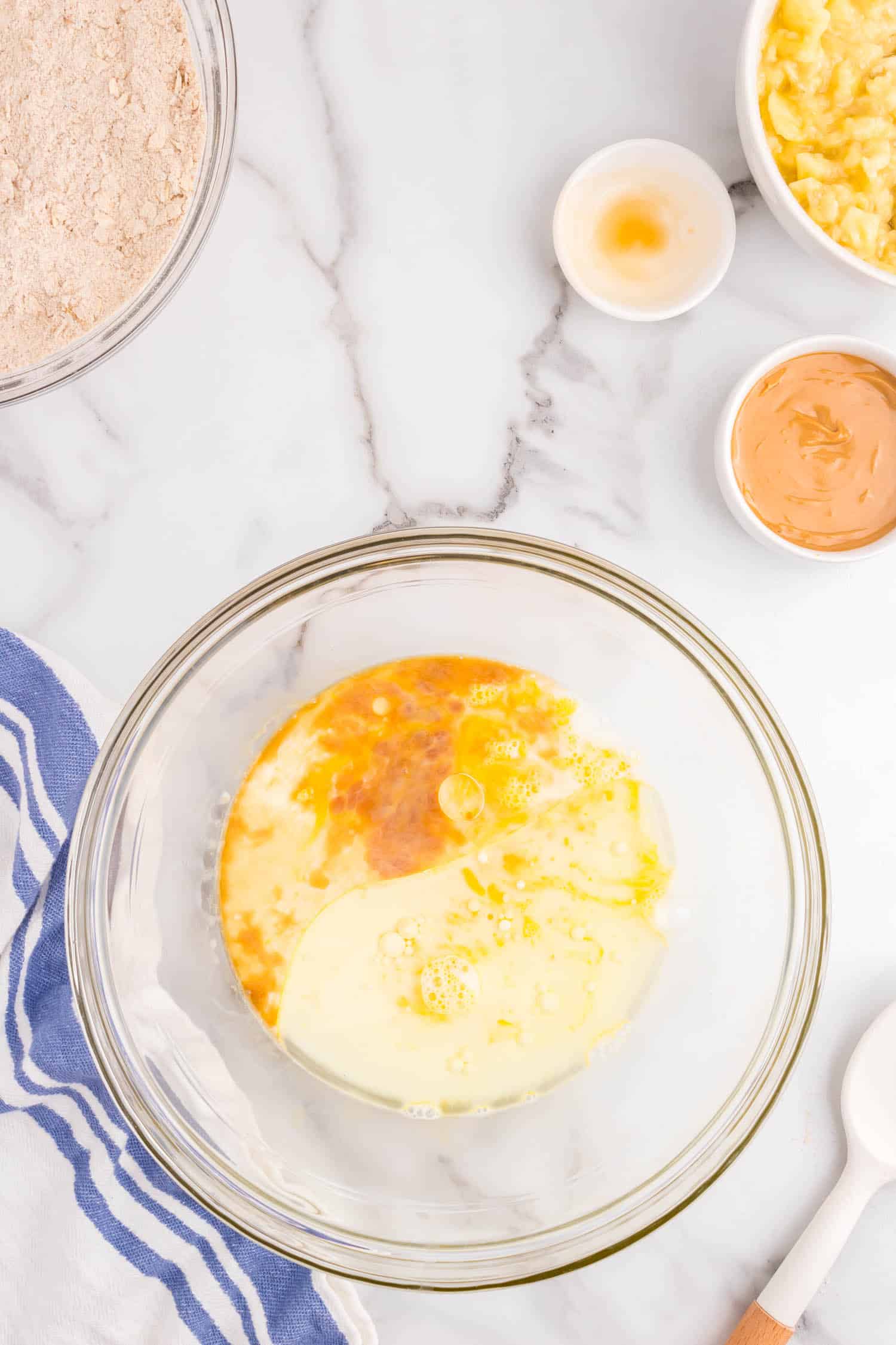 Take all of the Wet ingredients and put them into a large mixing bowl and mix together.