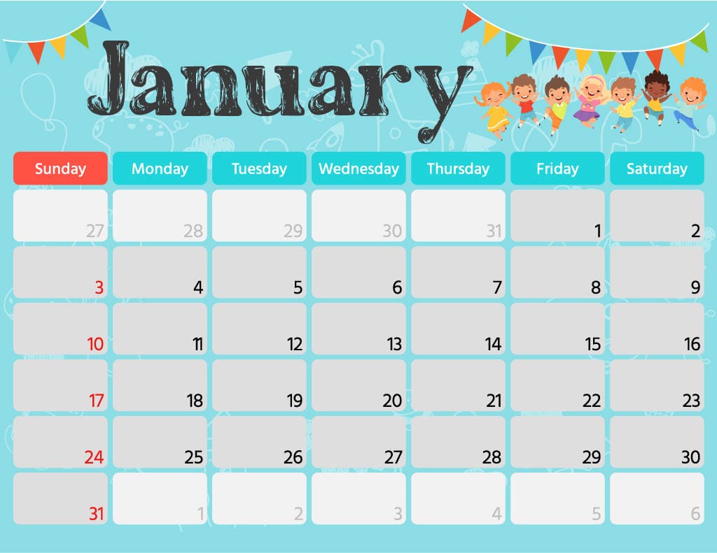 January Monthly Calendar Image