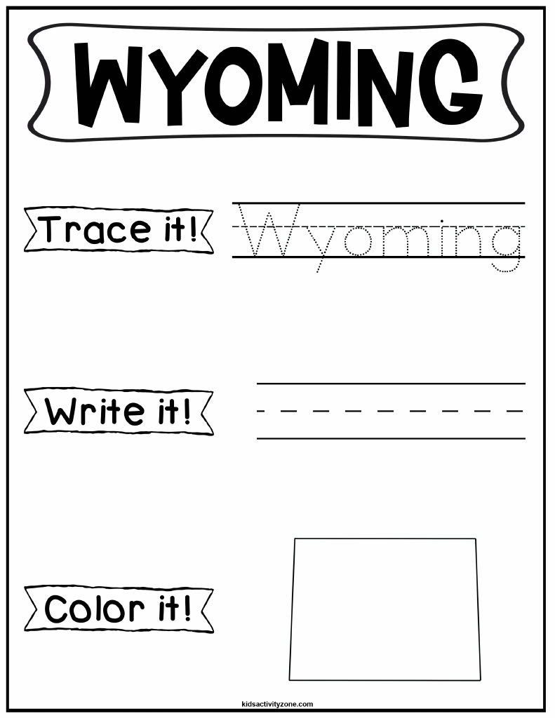 Wyoming Trace, Write and Color US State Worksheet