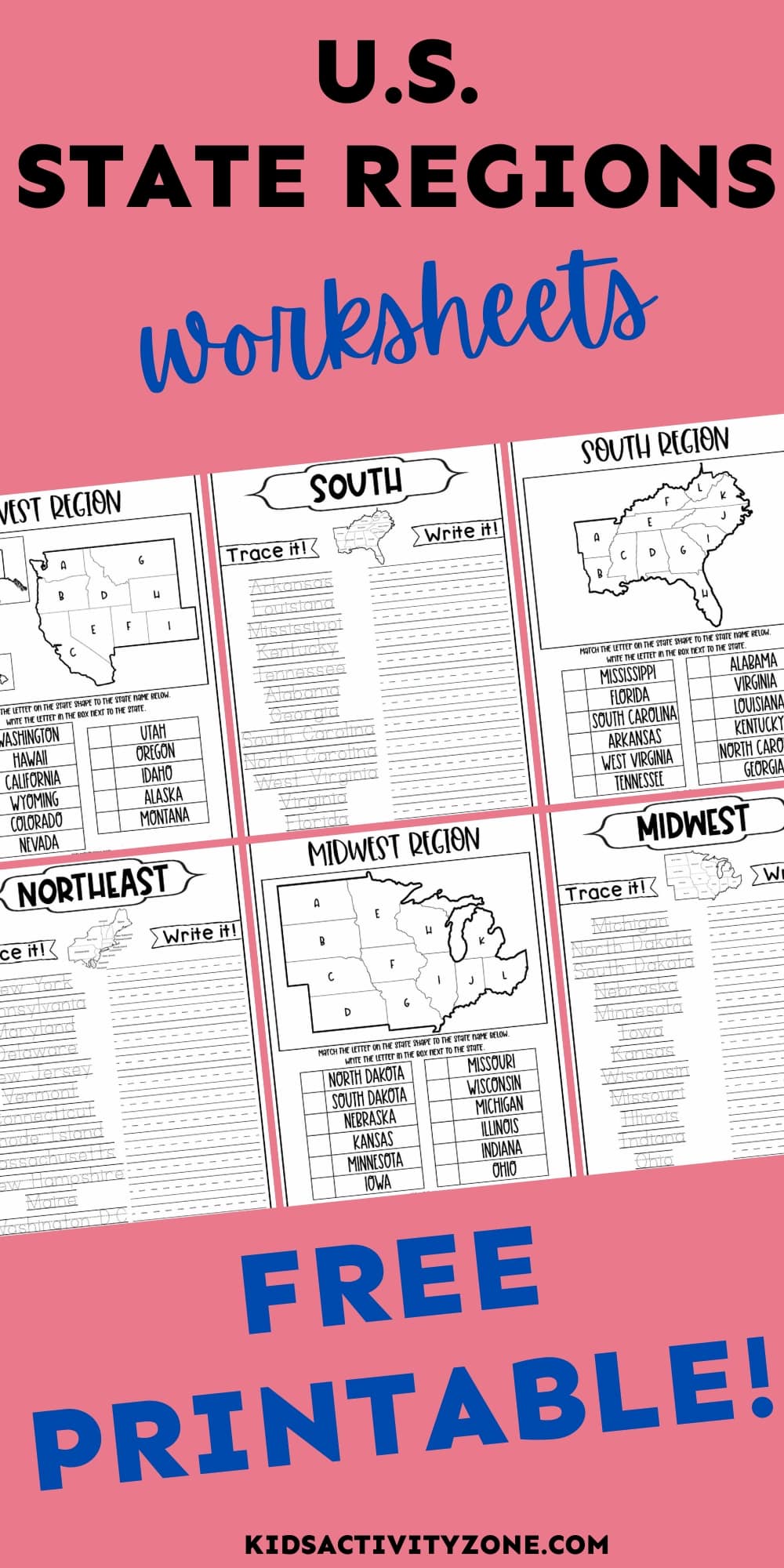 Free printable Regions of the United States Worksheets that are great to teach students about the different states that make up each region. Printables for matching the name so of the states to the map of the region plus tracing worksheets so they learn how to spell each state name in the region!