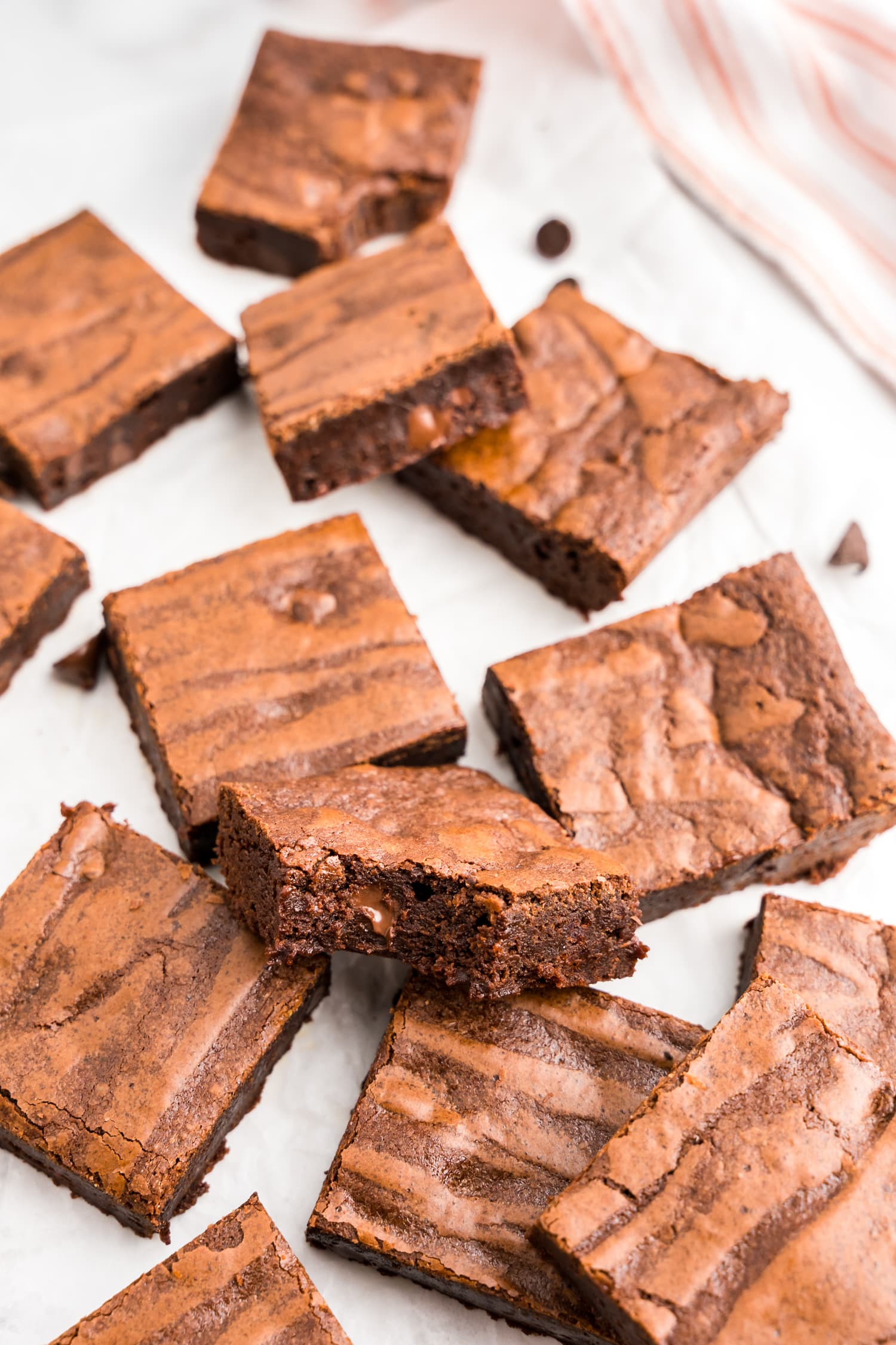 Homemade Brownies cut into squares on serving tray