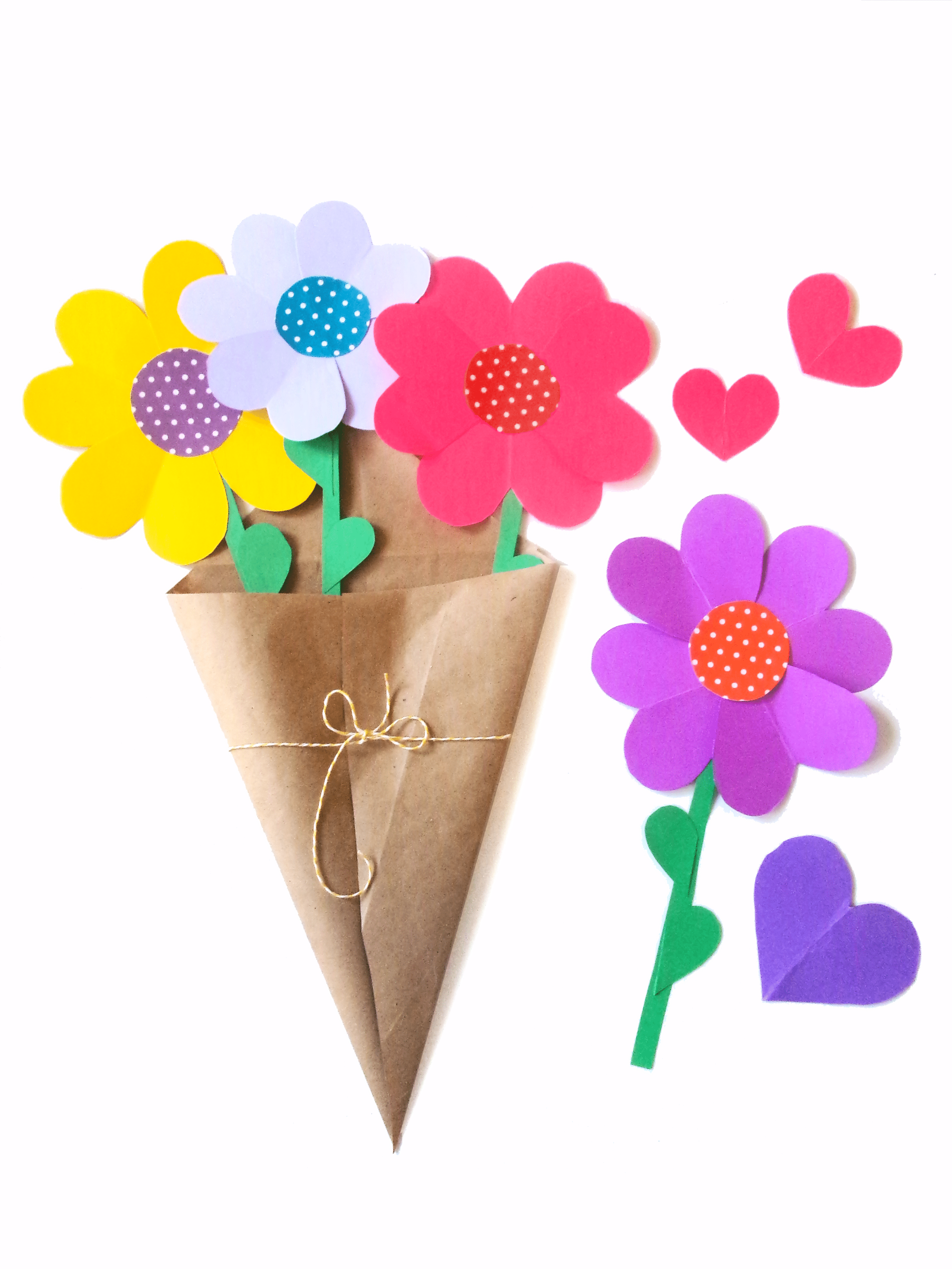 Many completed flowers with a few little hearts.