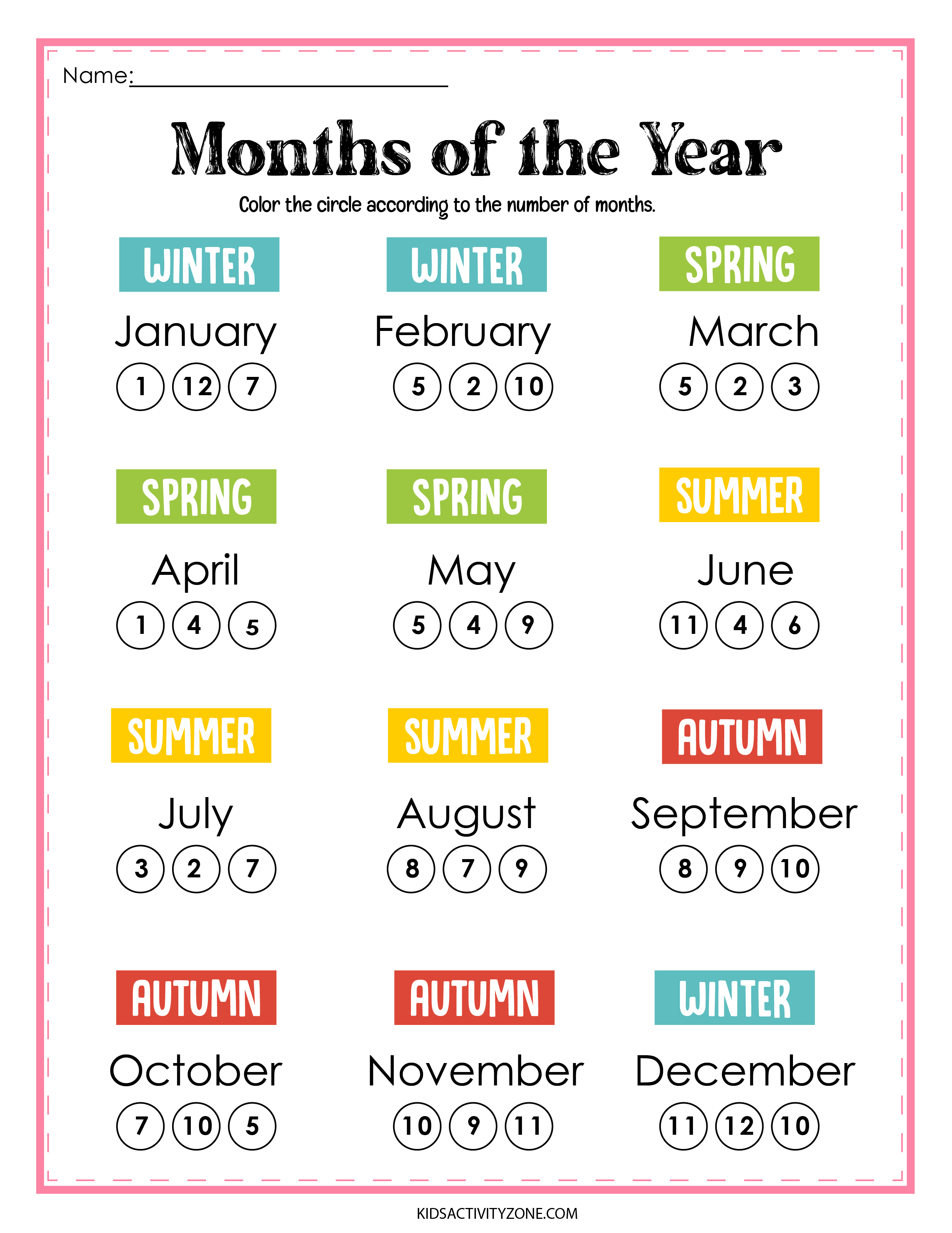 Months of the Year Worksheets Kids Activity Zone