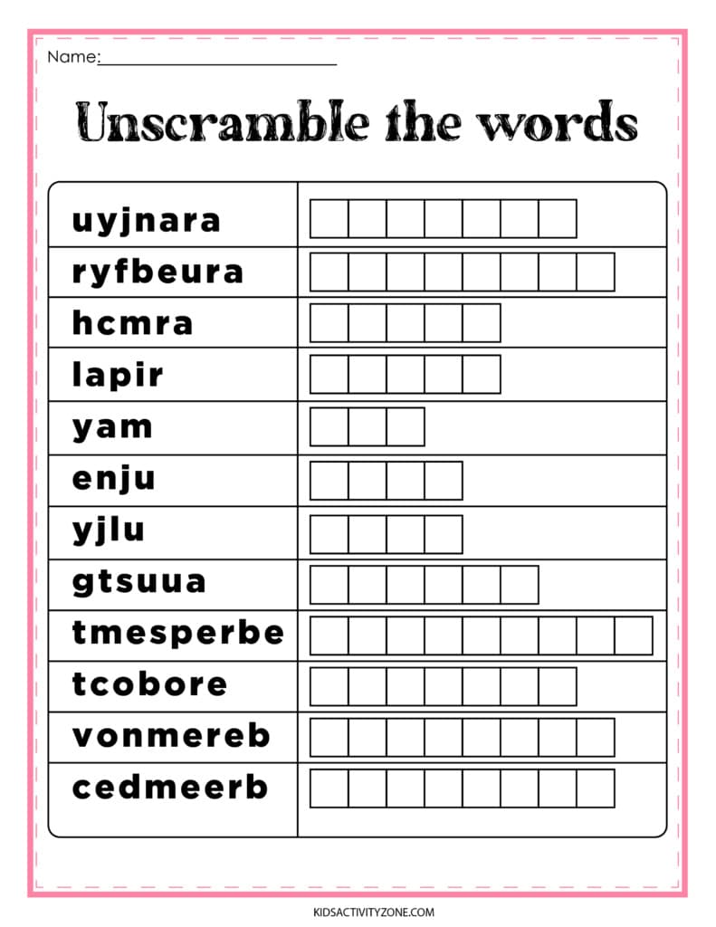 Unscramble the months of the year worksheet