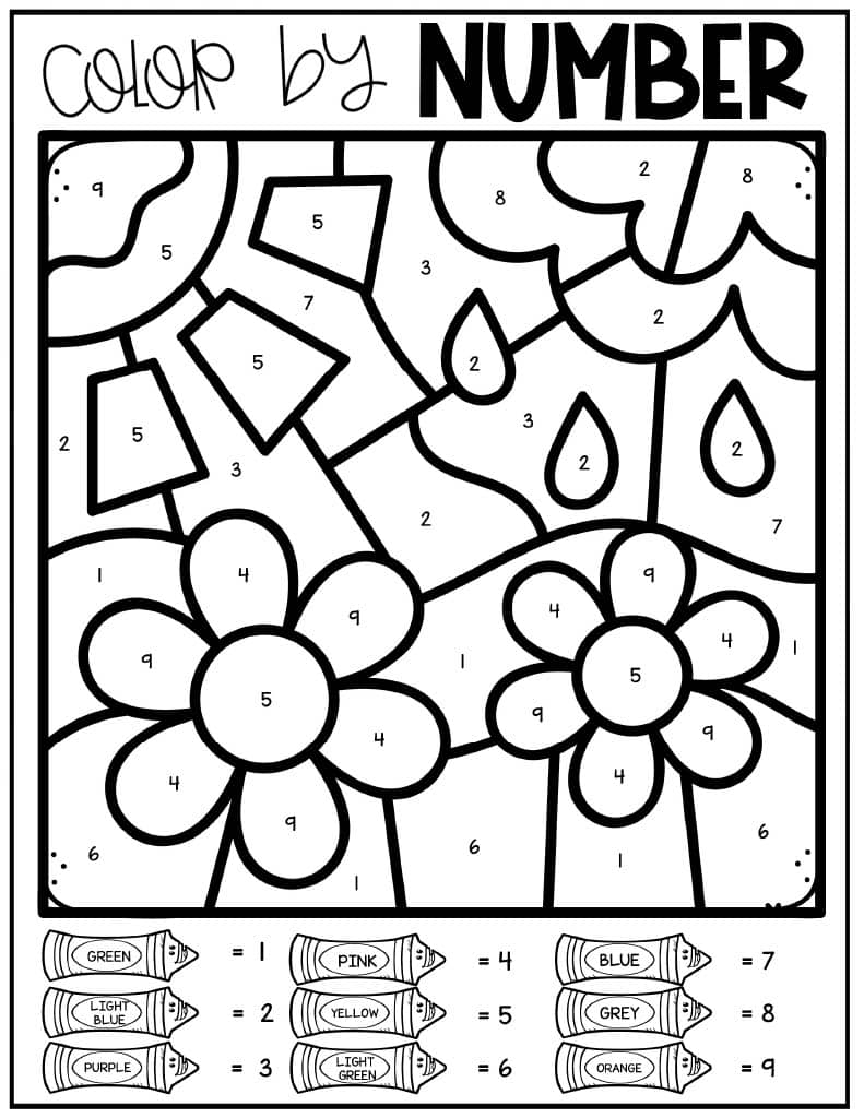 Rain, Flower and Cloud Color by Number Free Printable