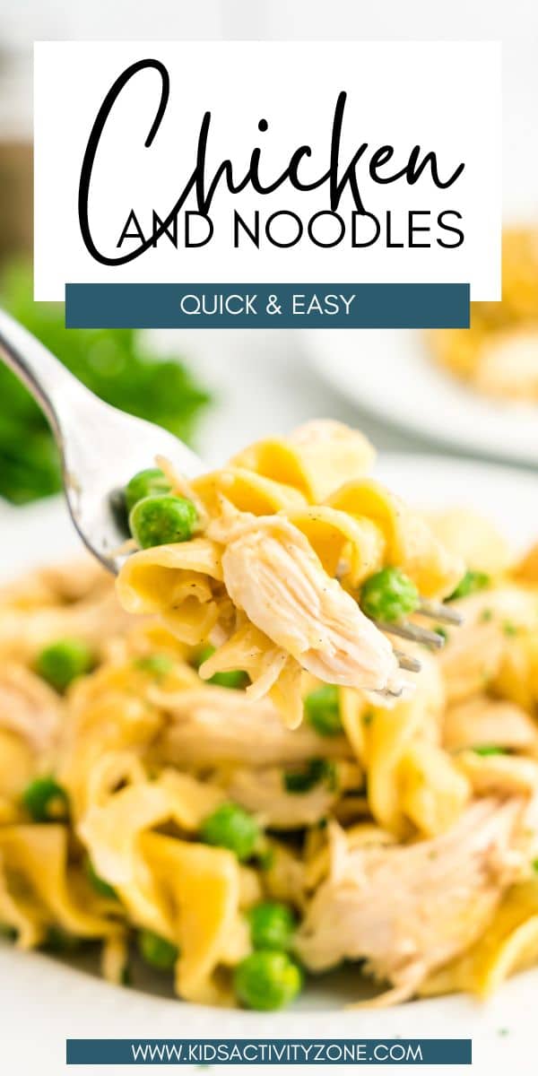 Quick and easy Chicken and Noodles is made in one pot and a kid favorite dinner recipe. A creamy mixture of chicken, noodles and peas that's ready in less than 30 minutes.