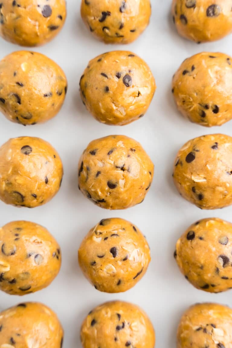 Close up photo of energy balls in a line.