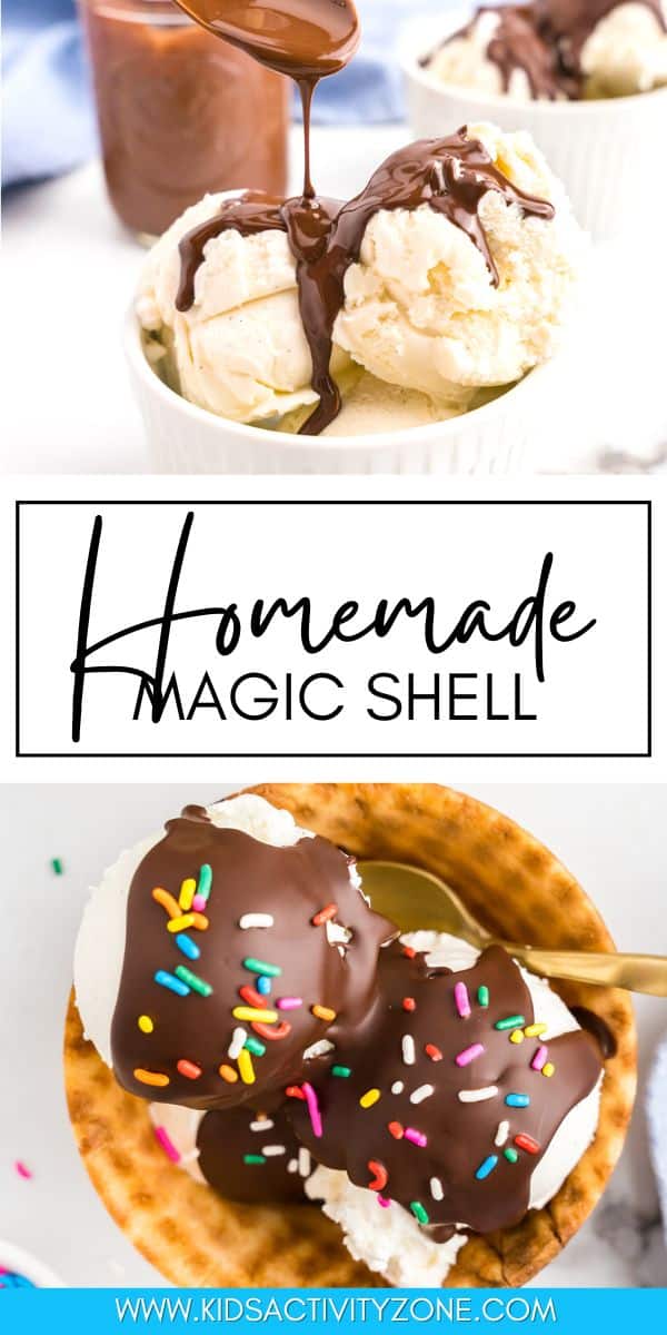 Create your own homemade Magic Shell with just two ingredients to enhance your ice cream experience. This recipe is so simple that even kids can make it themselves. Just serve a bowl of ice cream and and this easy chocolate ice cream topping.