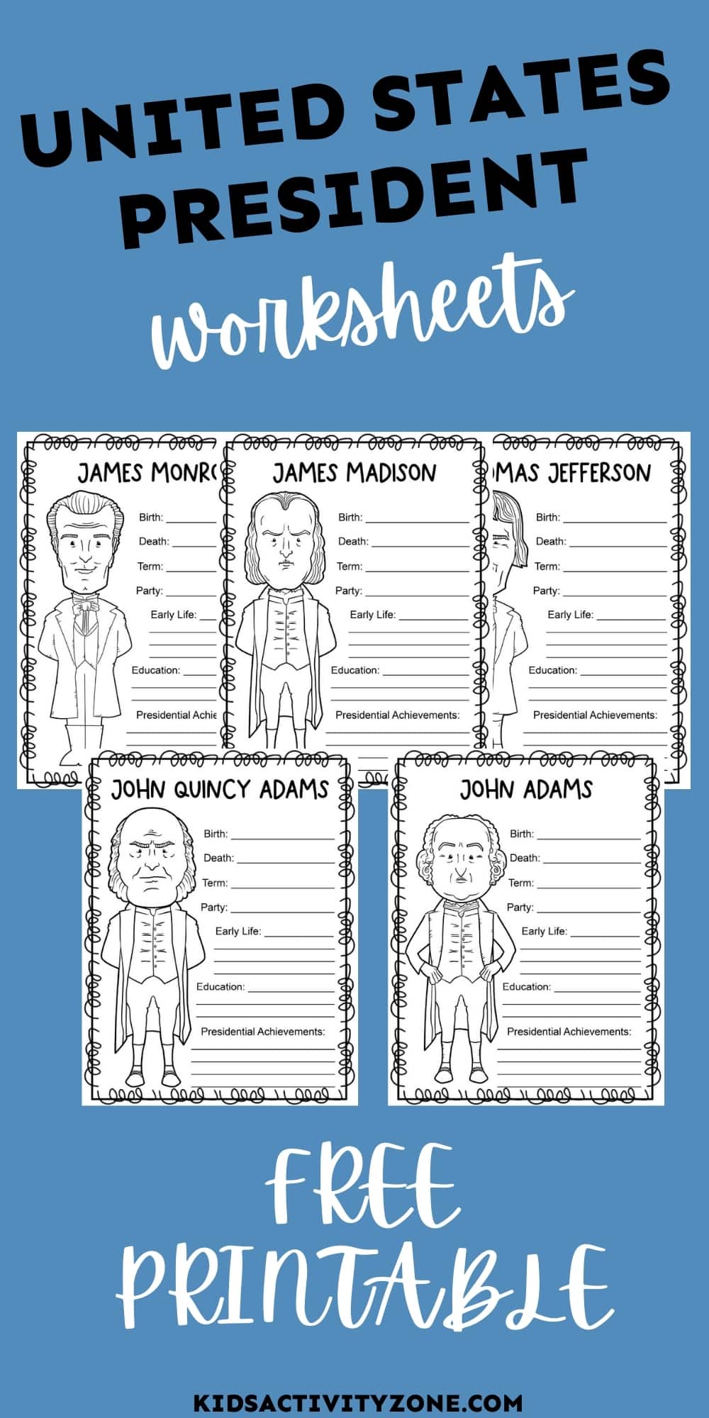 Free Printable US President Worksheets are the perfect supplement to a unit about the National Presidents. Each President has a sheet for students to record the President's Birth, Death, Term, Party, information about their early life, education and presidential achievements. 