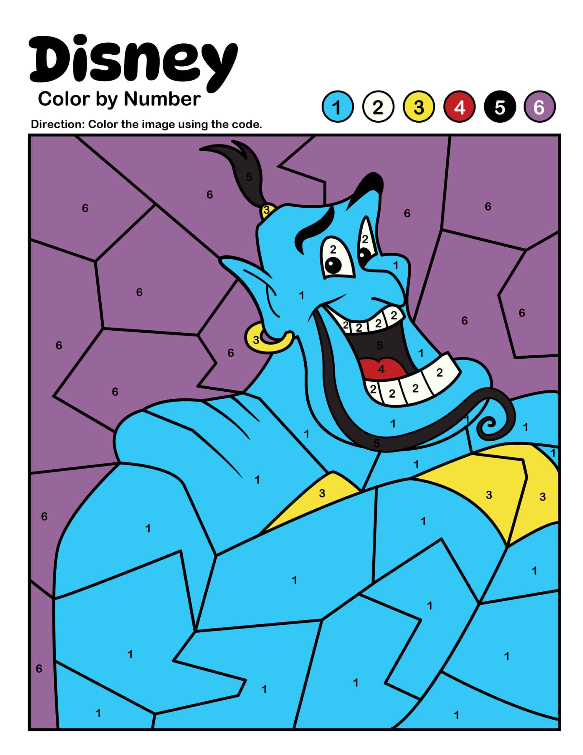 Colored in Aladdin Color by Number Page