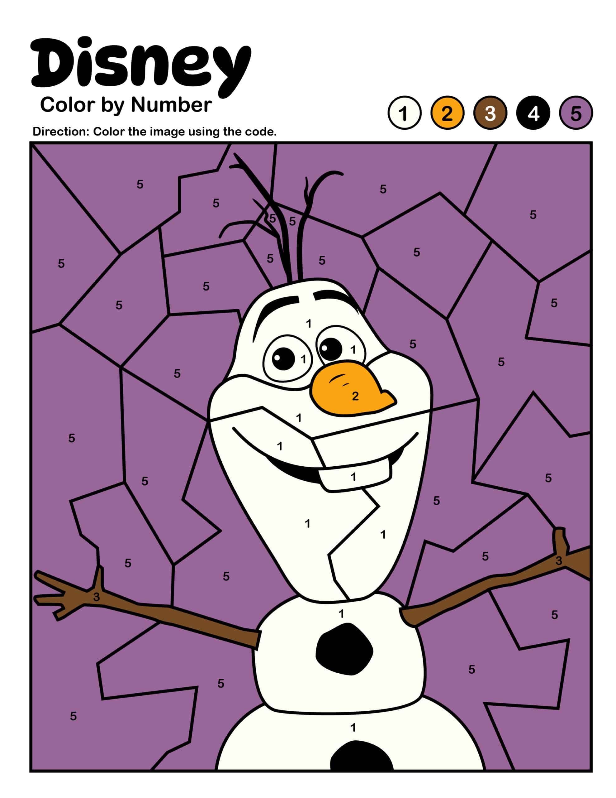 Colored in Olaf Color by Number Page