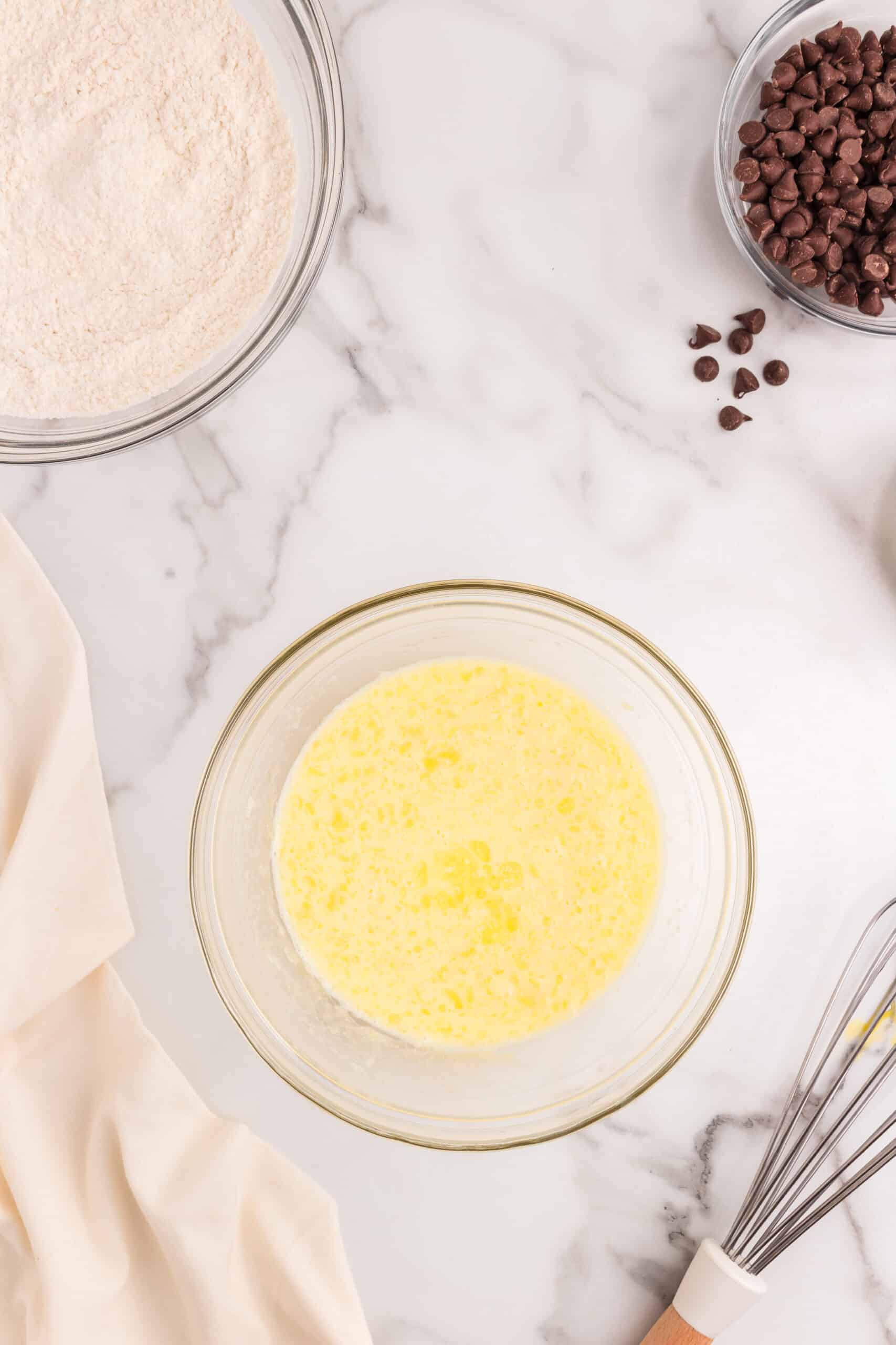 Beat eggs until light. Add milk and butter, stir until combined.