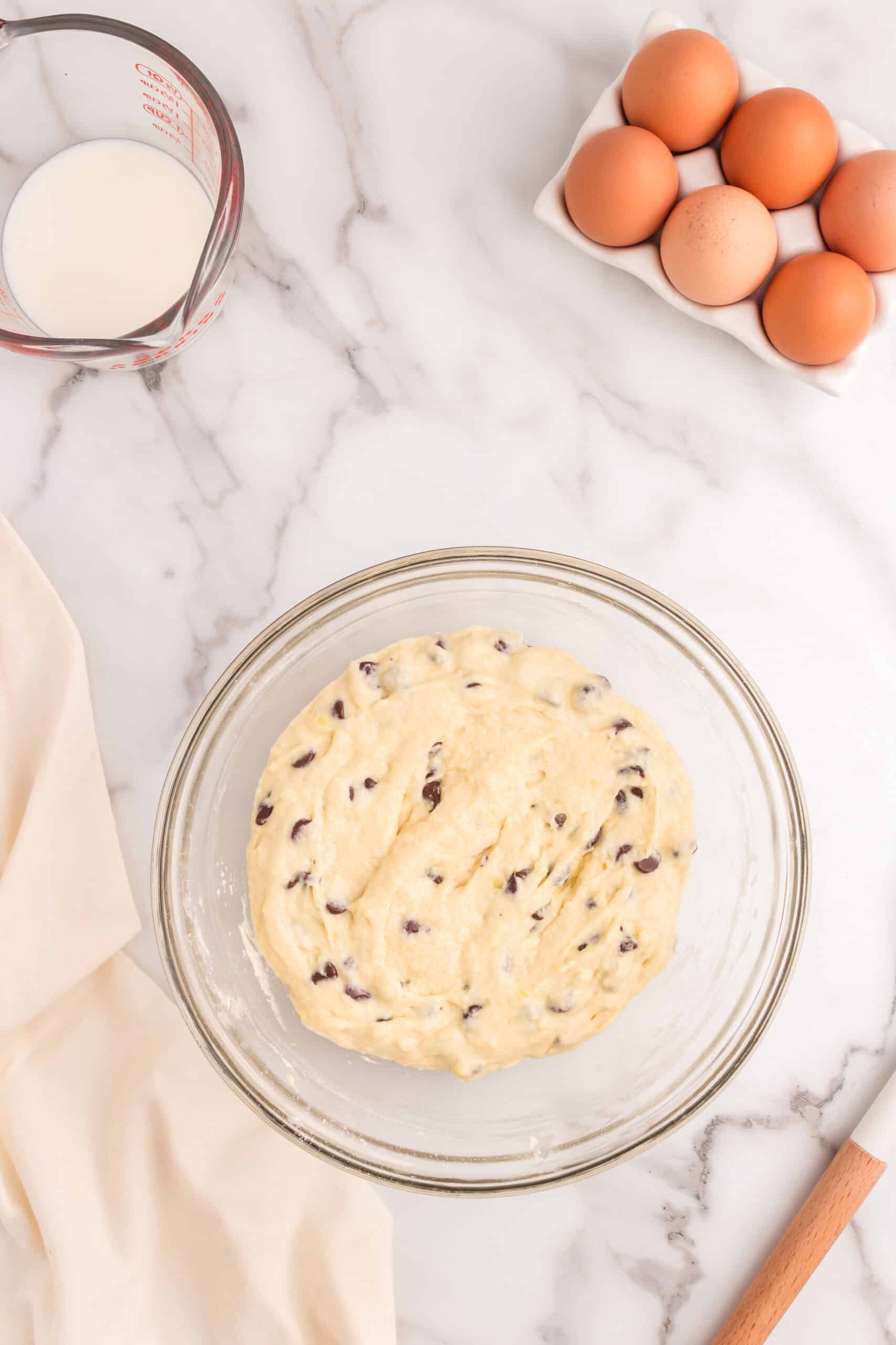 Let pancake mix rest.