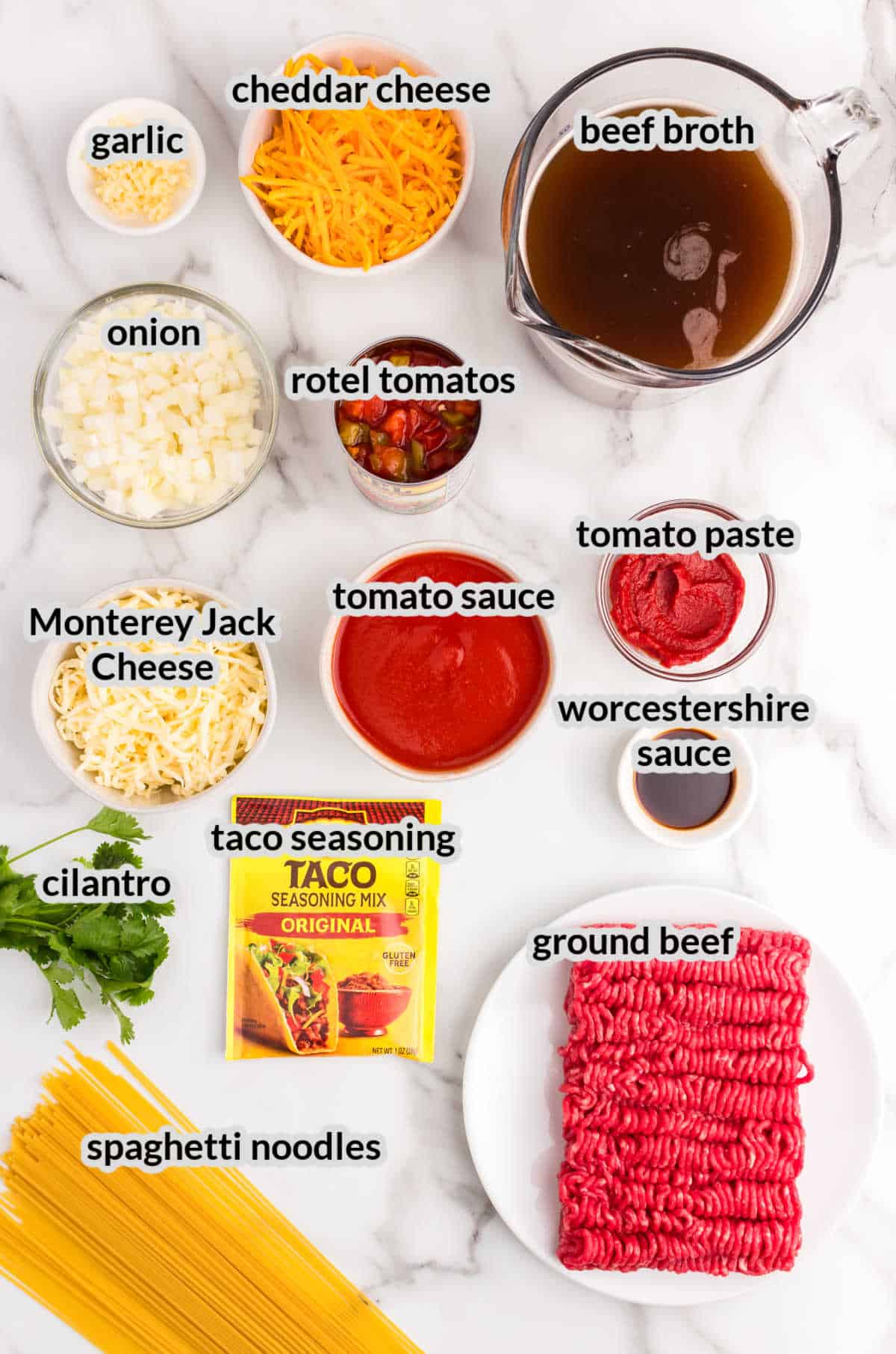 Overhead image of the Taco Spaghetti Ingredients