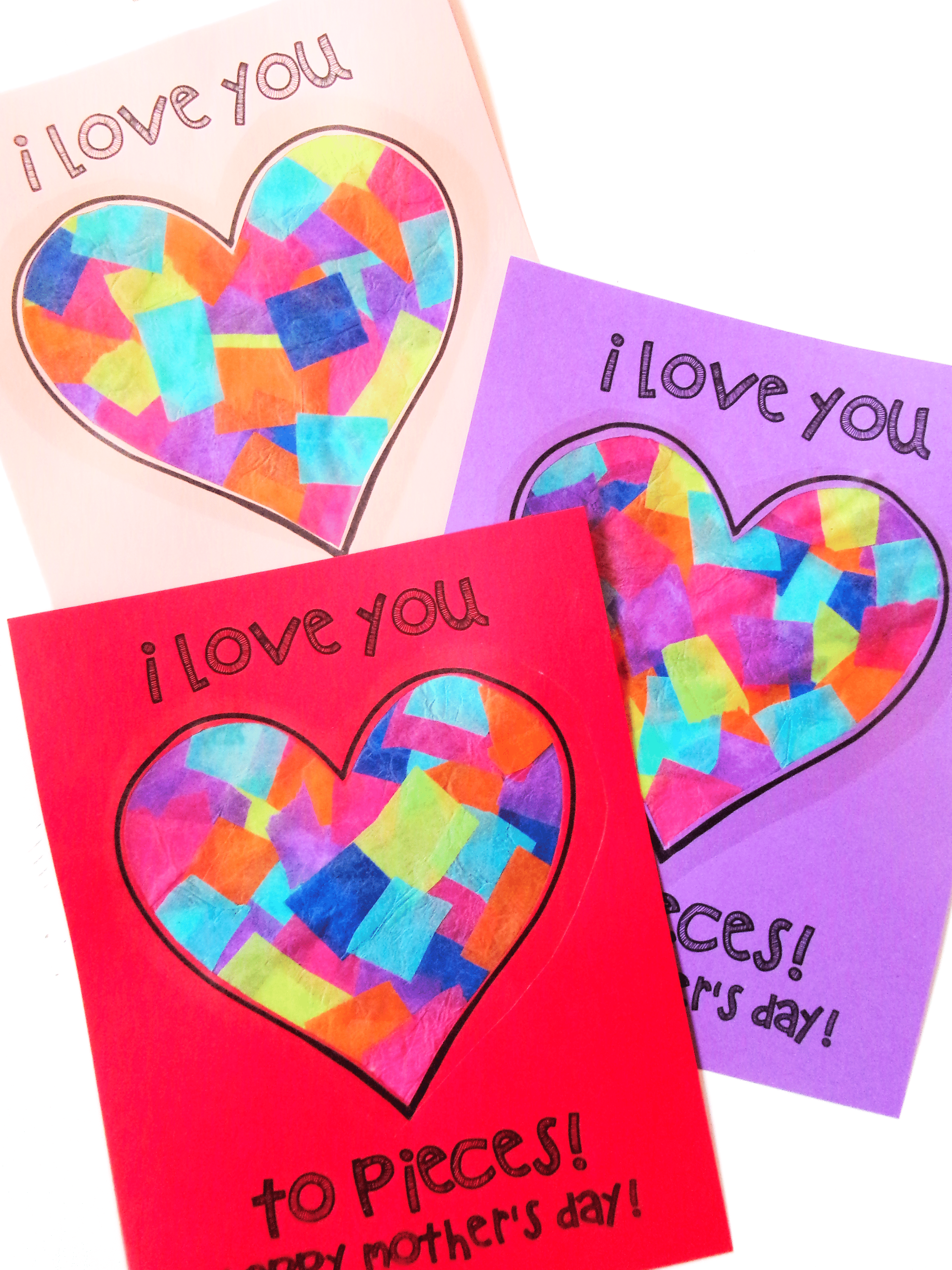 Three Mother's Day cards stacked on top of one another all using different cardstock colors.