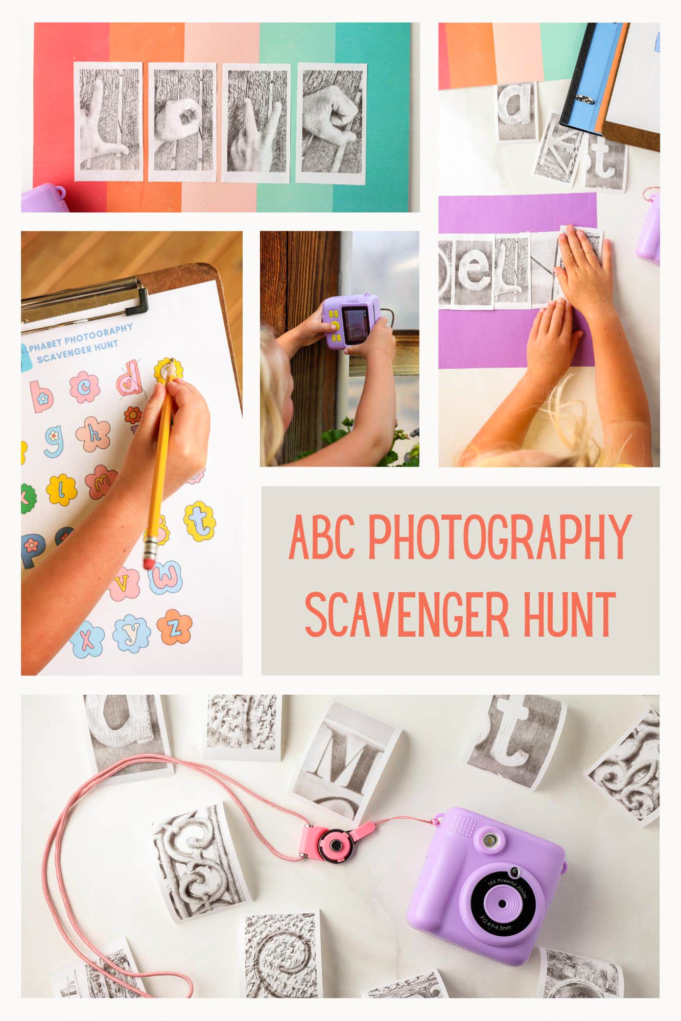 a collage of pictures explaining how to do the alphabet scavenger hunt.