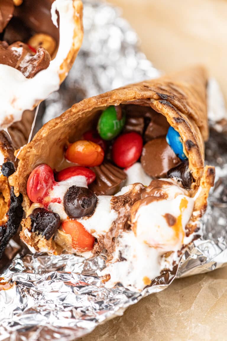 Campfire Cones hot off the fire with foil unwrapped