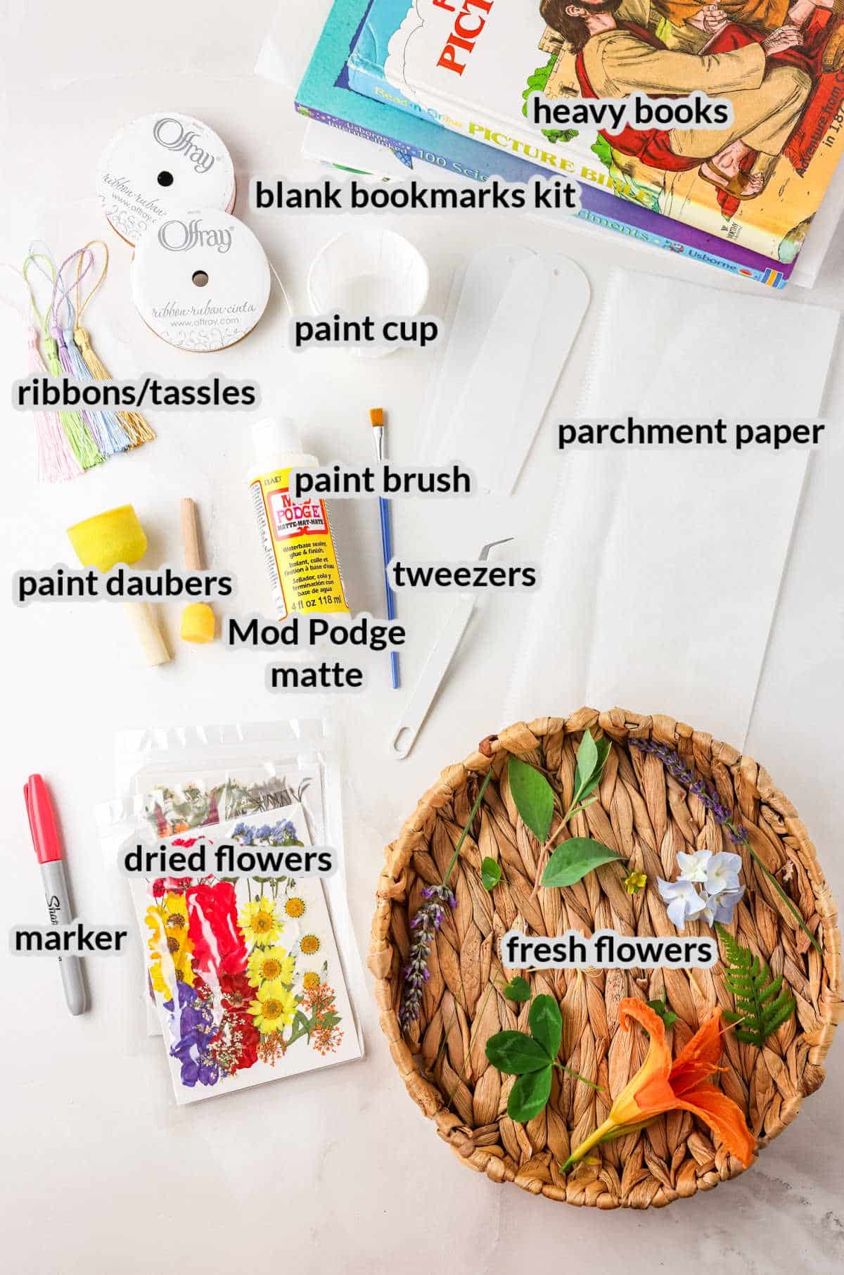 Overhead Image of the Dried Flower Bookmarks Supplies